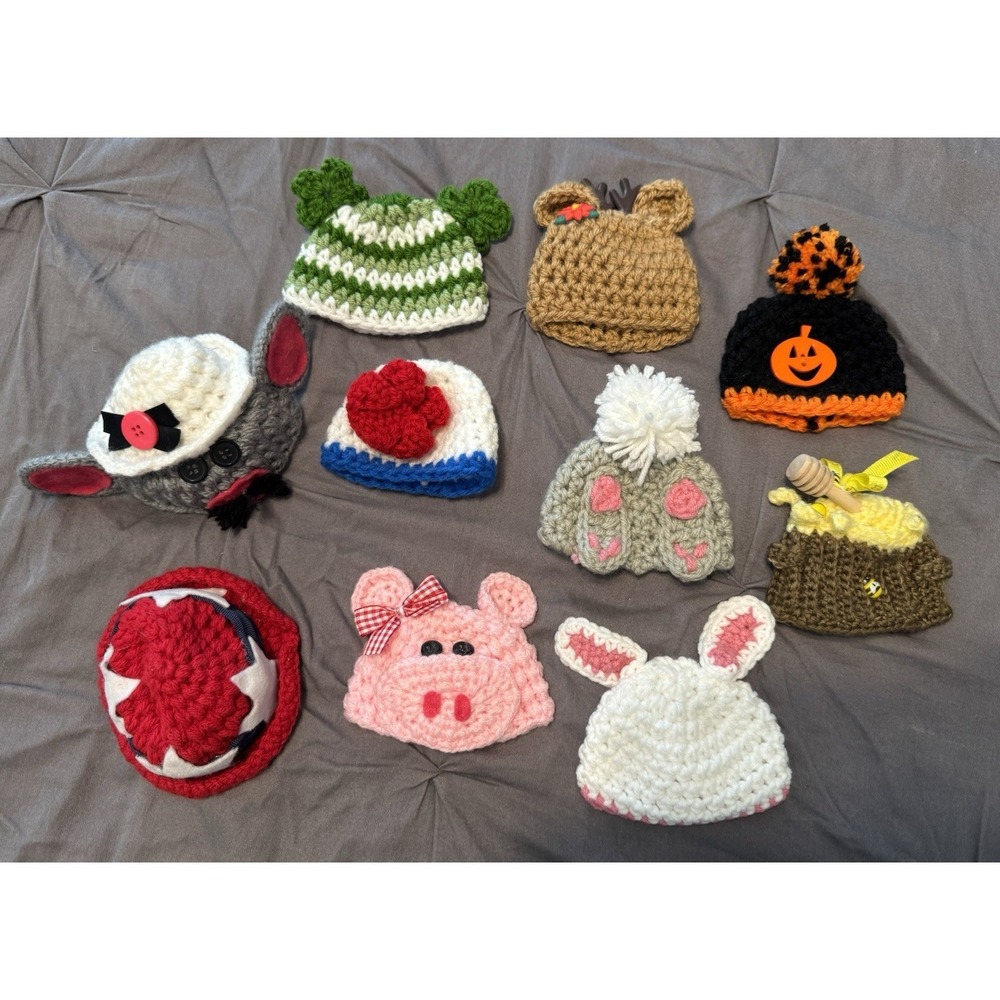 Lot Of 10 Handmade Crochet Hats For 18" Dolls Variety Of Holidays/Seasons